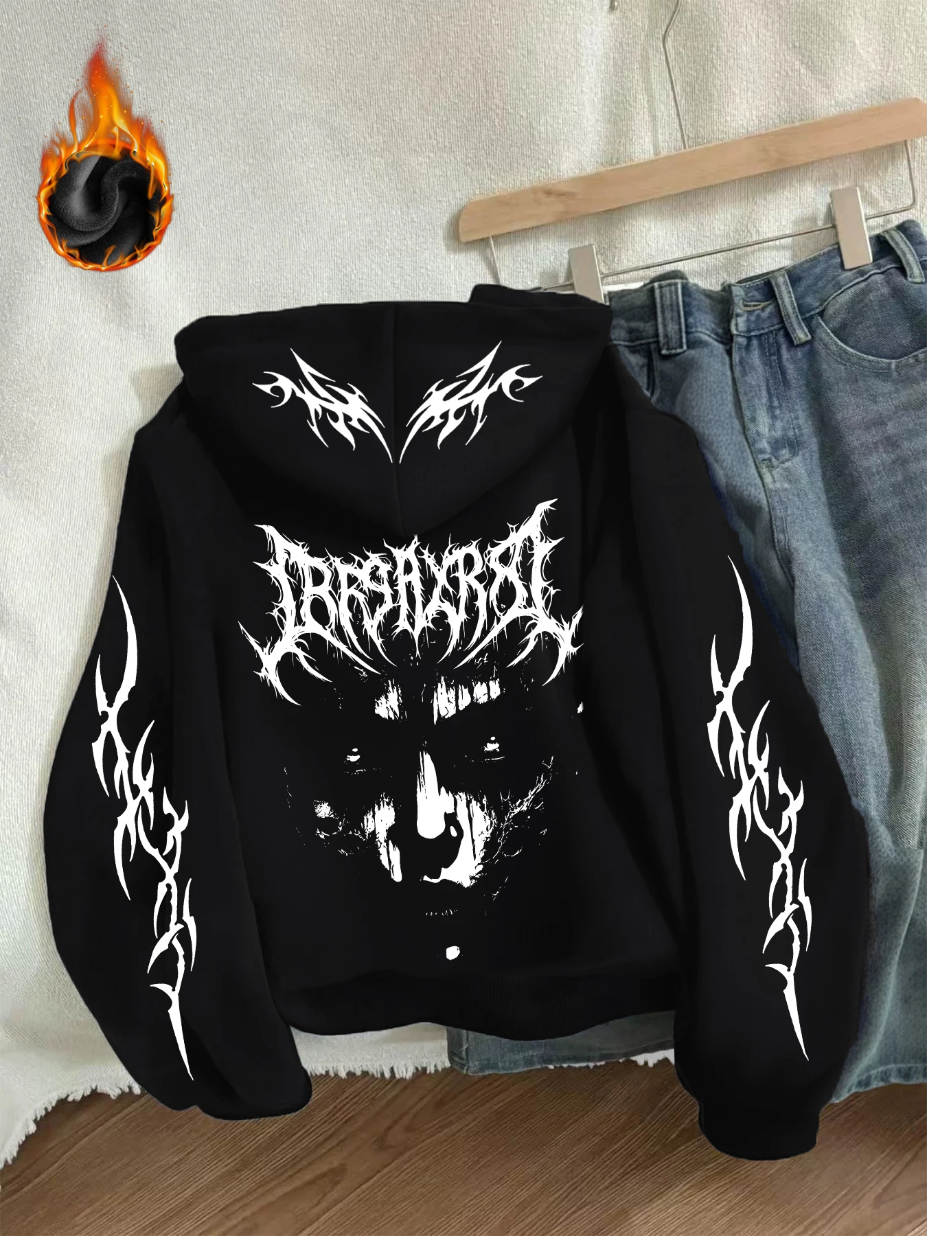 

Winter Y2k Gothic print thick heavy velvet black hooded zipper jacket slim temperament women's jacket casual lazy commuter style