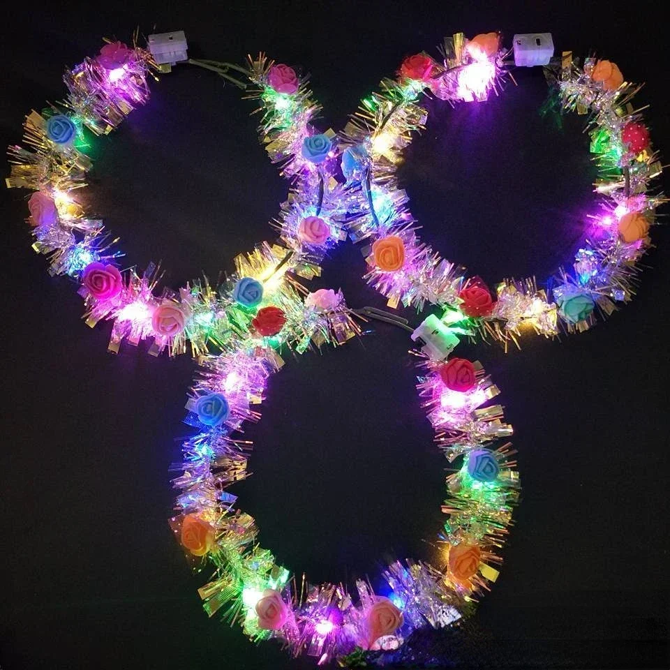 20pcs Gold Silk Garland Flashing Bright Wreath Headband Hairband Crown Birthday Festival Christmas Halloween Glow Party