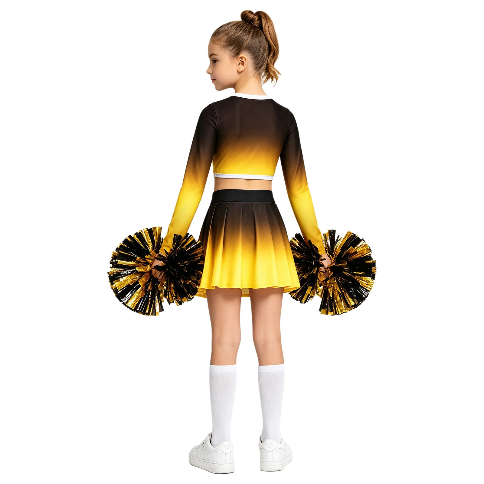 Cheerleader-Kostüm für Mädchen mit Farbverlauf, CHEER-Buchstabendruck, langärmeliges Crop-Top mit V-Ausschnitt, asymmetrischer Rock, Kinder-Cheerleading-Uniform – Detail 19