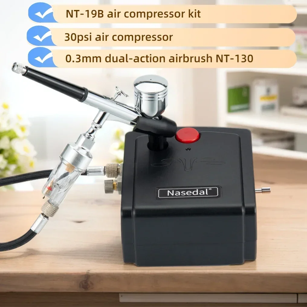 Imagem -02 - Nasedal 0.3 mm Aerógrafo 30psi Kit Compressor de ar Escova de ar Pistola para Modelo de Unhas Ferramenta de Pintura Bolo Peixe Carro Faça Você Mesmo Ferramenta de Pintura