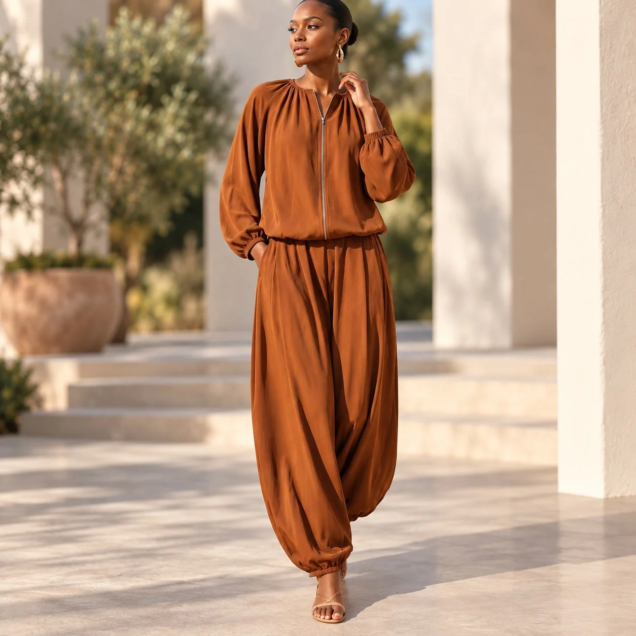 Zipper Long Sleeve Set with Regular Fit Simple Commuter Style Women Winter Set and Stand Collar Jacket Top Straight Leg Pants