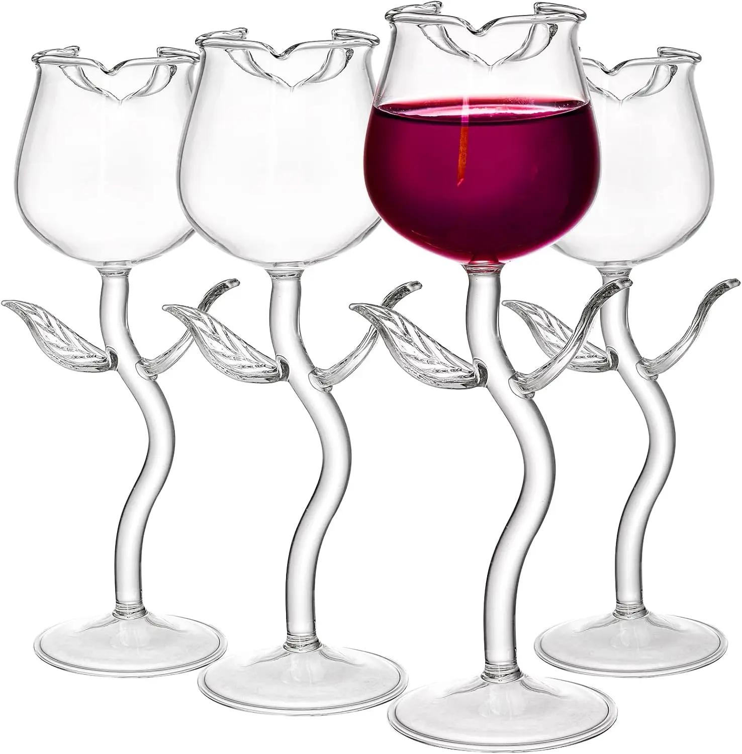 

4-Pack Red Rose Cocktail Glasses, Clear Stemmed Champagne Flutes for Wedding, Party, Birthday Gift