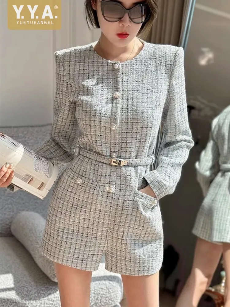 

Элегантный офисный женский весенний цельный твидовый комбинезон с длинными рукавами и поясом, высокое качество, женский дизайнерский короткий комбинезон