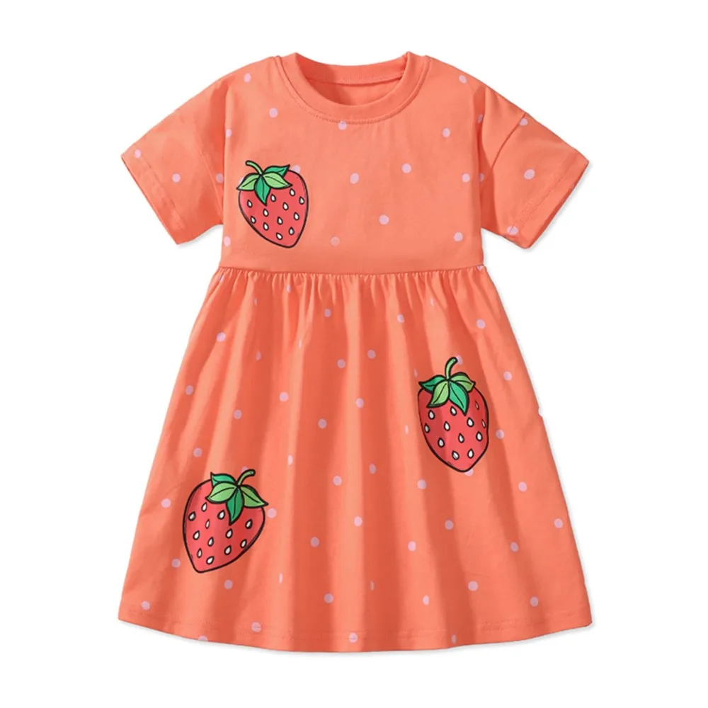

Girls' Orange Short - Sleeve Dress - with Strawberry Print and Light Purple Polka Dots - Suitable for Ages 2-7 year