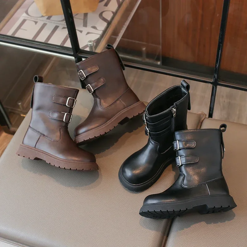 Girls Boots Knee High Platform Chunky Heels Kids Trend Punk Gothic New Rock Leather Fashion Children's Shoes Motorcycle Footwear