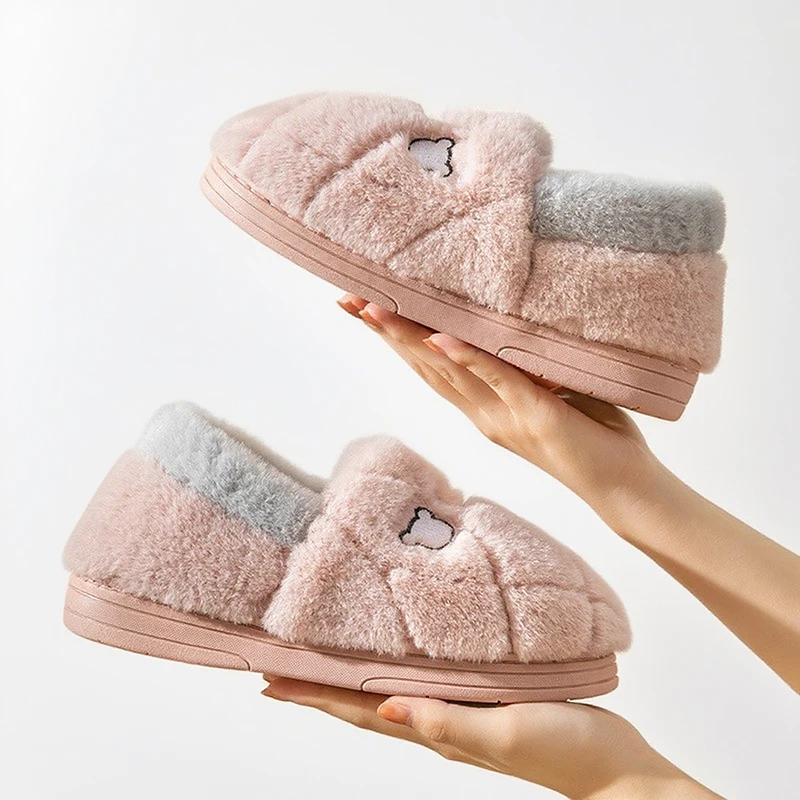 

Winter Home Slipper Women Cute Cartoon Bear Warm Plush Slides Men House Bedroom Furry Floor Shoe Couple Non-Slip Fluffy Footwear