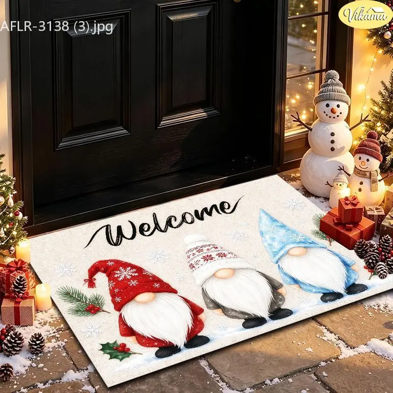 VIKAMA Welcome Gnome Blue White Hat Entryway Rug Non Slip Low Profile Mats for Outside Front Door Xmas Holiday Decor Soft