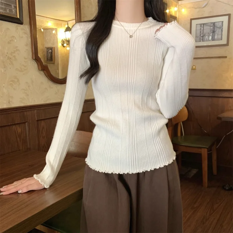 

Round Neck Wood Ear Top 2025 Spring and Autumn New Long-sleeved Base Textured Knitted Sweater