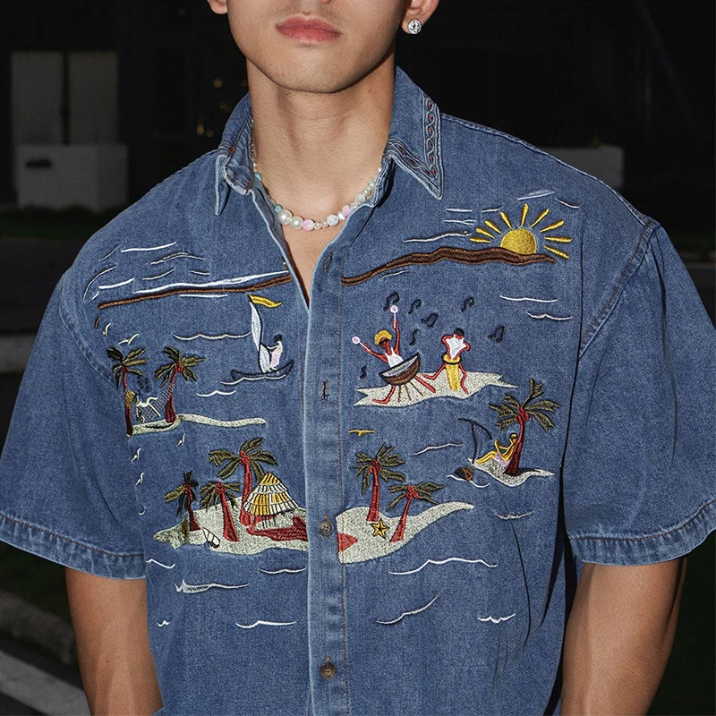 Casual Short Sleeve Denim Shirts For Mens Spring Summer Stylish Embroidery Denim Tops Men Vintage Button Turn-down Collar Shirt