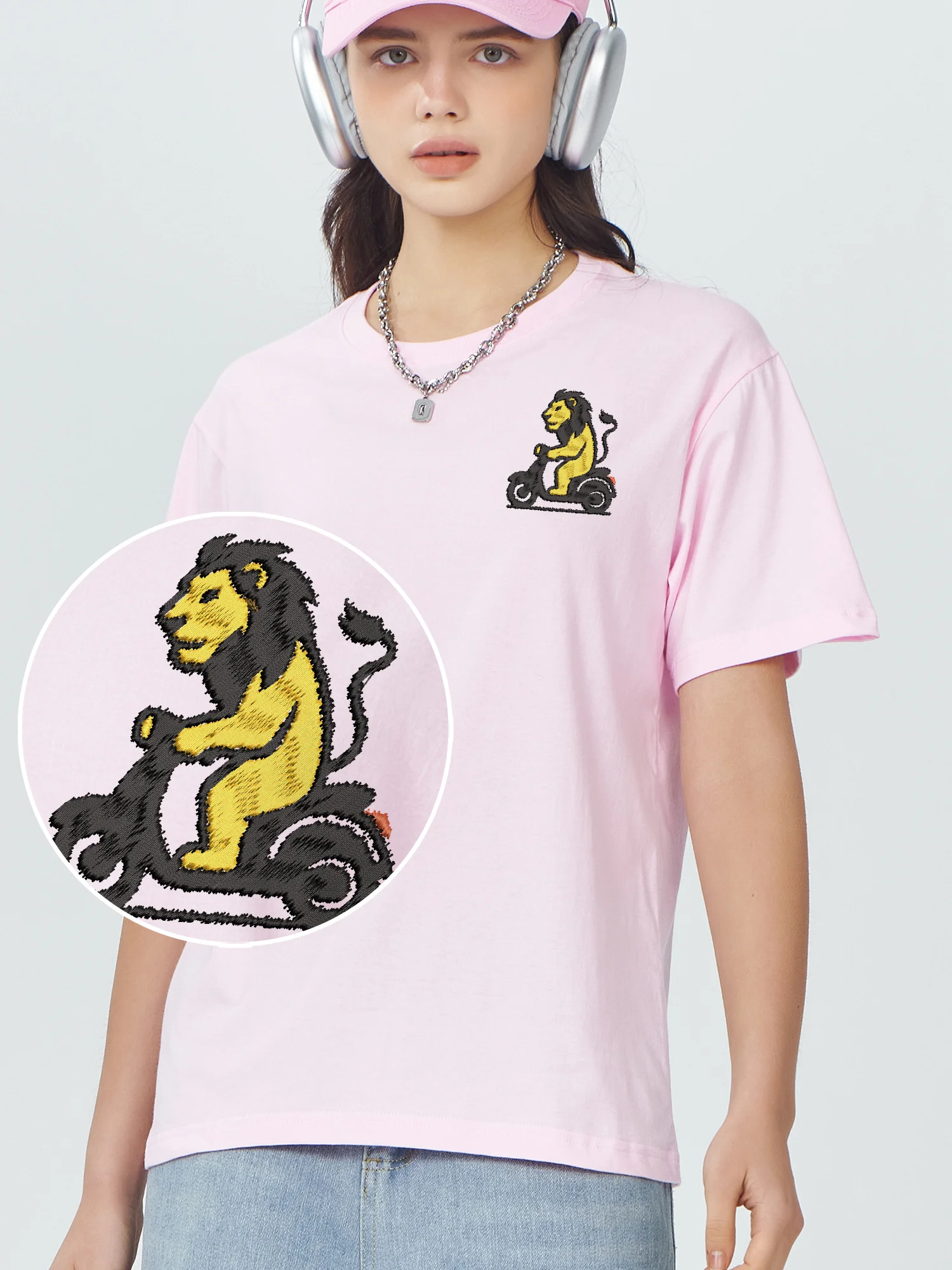 Riding Electric Scooter Lion Embroidered Tops Funny Camiseta Men Cotton Comfort High Quality Embroidery T-Shirt