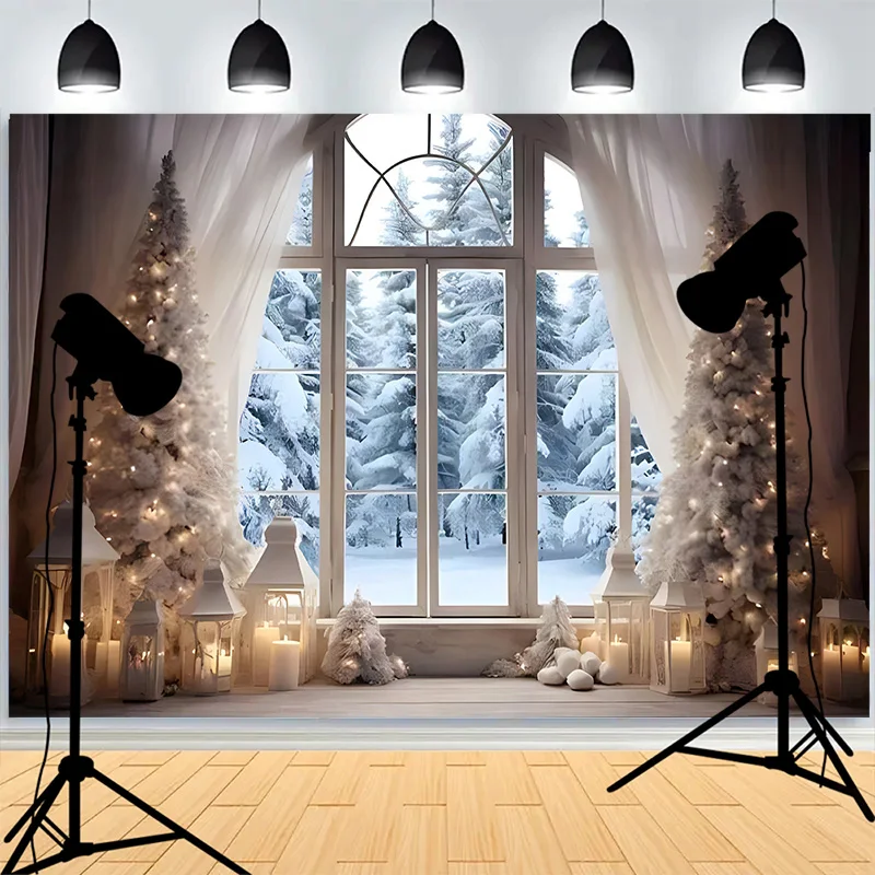 Winter Snow Window Christmas Day Background Fireplace Living Room Decoration  Family Party New Year Photography Backdrops AG-02