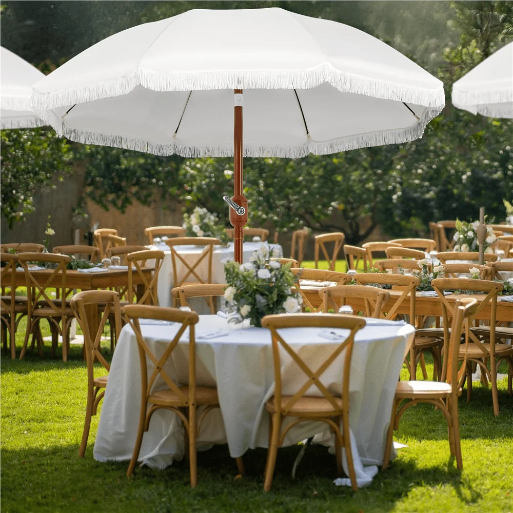 

9ft Outdoor Awning Romantic French Style Patio Umbrella With Fringes 8Rib Garden Parasol With Crank PushButton Tilt Glass Fiber