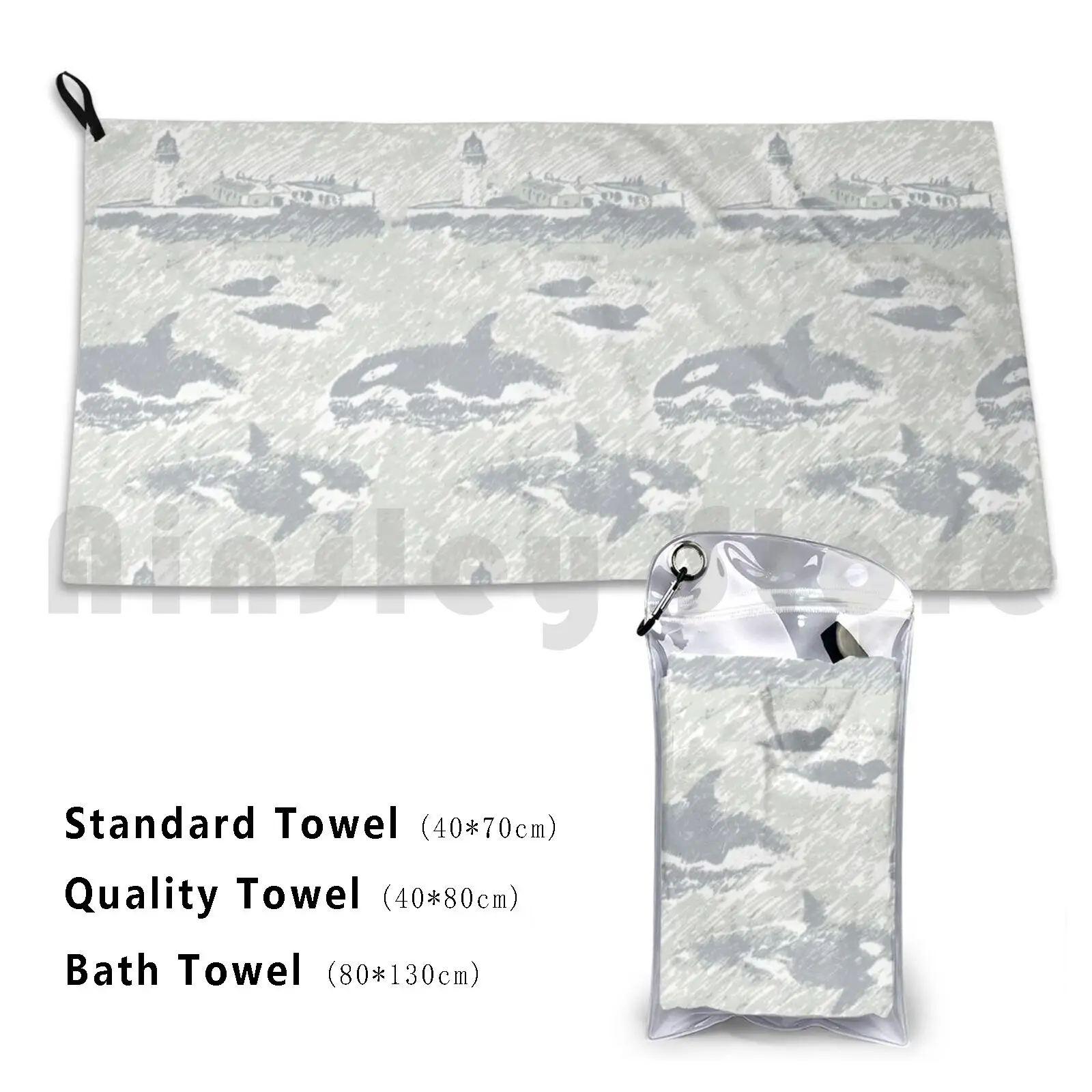 Da Shore Side-Mist Bath Towel Beach Cushion Shetland Orcas Whales Killer Whales Seals Lighthouse Sea Ocean