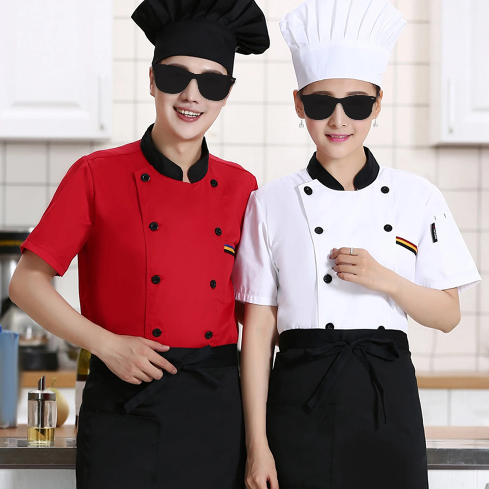 Unisex Chef Coat Short Sleeve Top Shirt Waiter Waitress Apparel Chef Jacket for Food Service Catering Restaurant Culinary