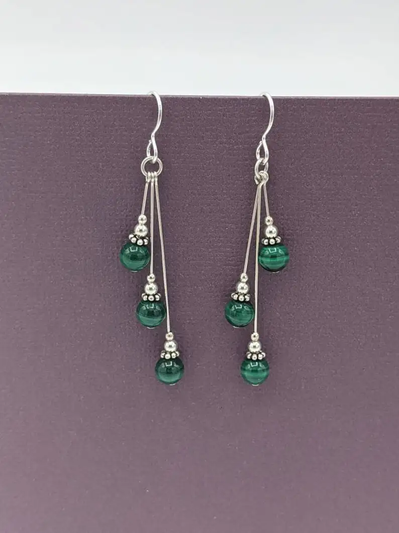 Malachite earrings, asymmetric earrings, malachite beaded earrings