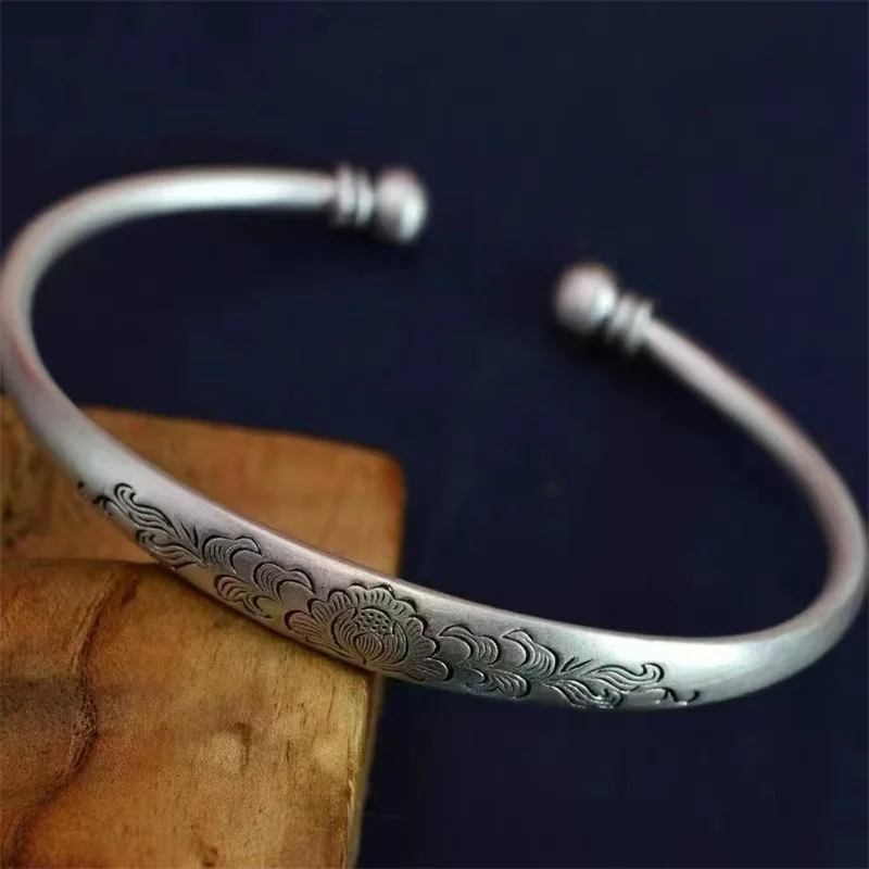 

High quality S999 sterling silver vintage peony flower paired bead bracelet, women's open bracelet for mothers as a jewelry gift