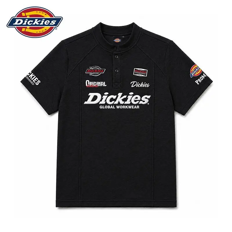 Dickies Embroidered Henley Shirt Summer Short Sleeve Button Placket Casual Top