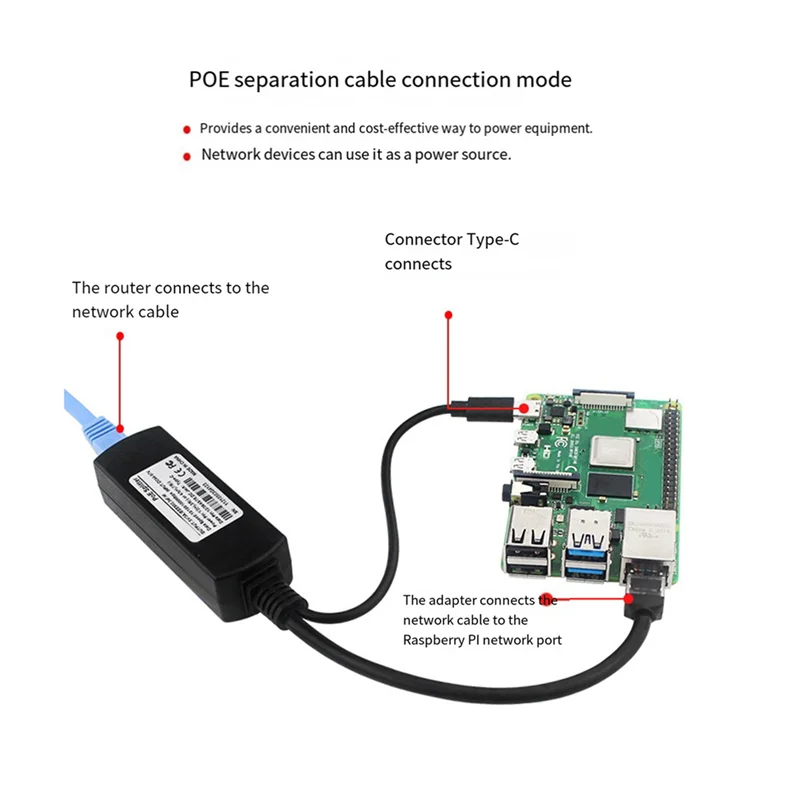

For Raspberry Pi 4B Poe Splitter 10/100/1000Mbps 5V 3A Type C Poe Splitter For Raspberry Pi 4B Durable Easy Install