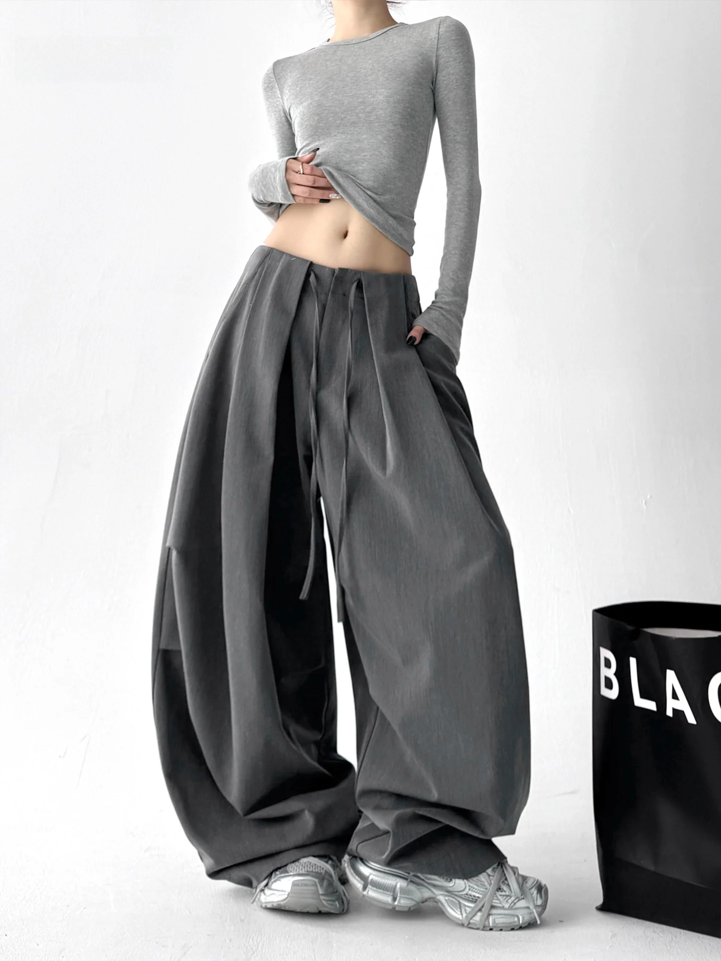 العصرية عالية الخصر بنطال ذو قصة أرجل واسعة المرأة الخريف الشتاء فضفاض عادية ثنى التخسيس بنطلون تخفيف Sle Faionable #4