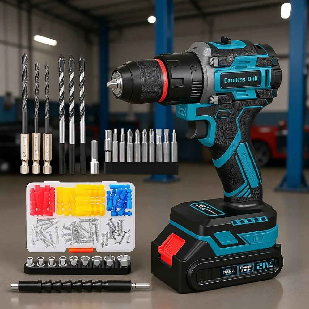 

Бесщеточная аккумуляторная дрель-шуруповерт 21 В с зарядным устройством, высоким крутящим моментом, 25 настройками сцепления, компактный набор из 87 аксессуаров