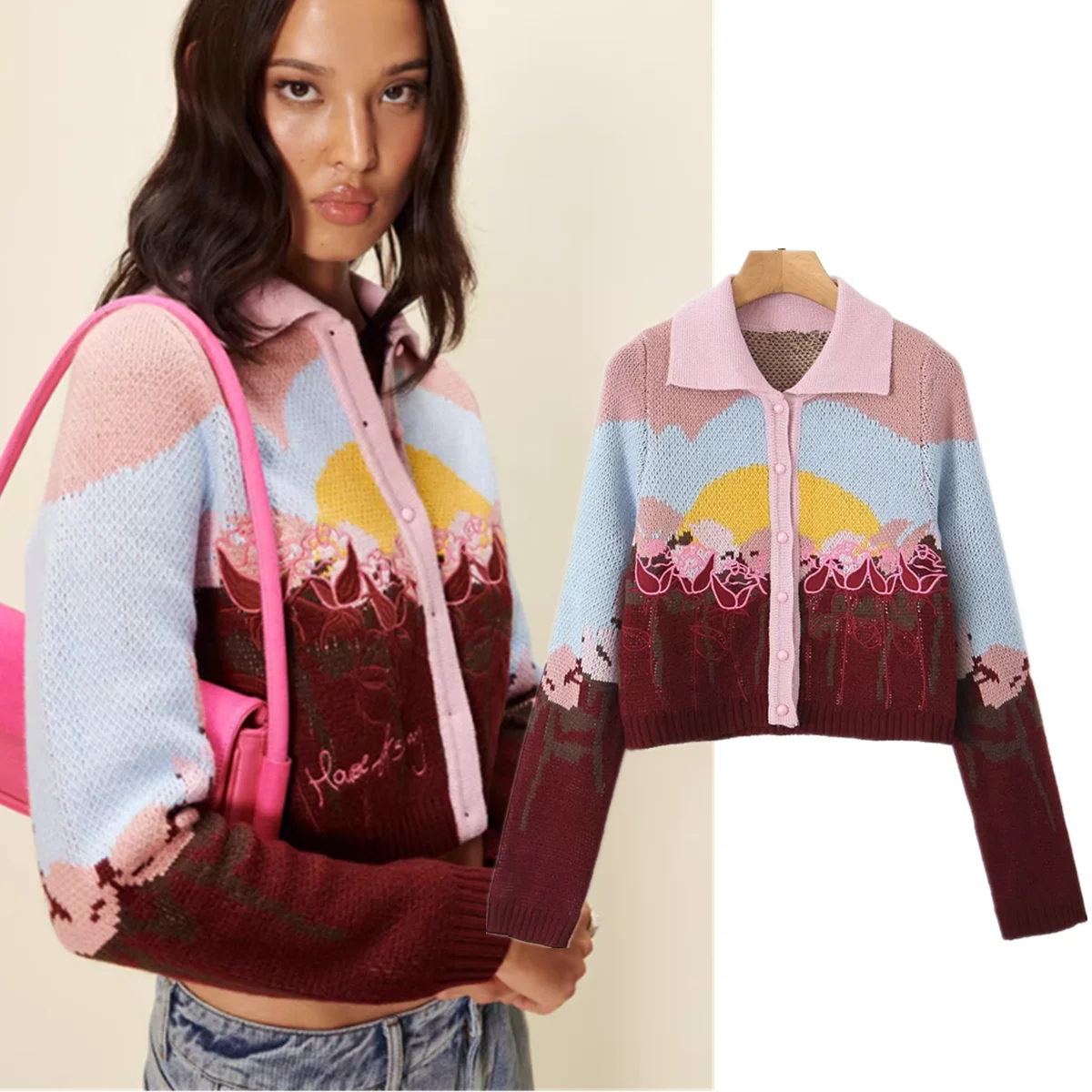 Dave&Di Retro Flower Print Color Blocked Knitted Cardigan Jacket Fashion Ladies Short Sweaters Women Top