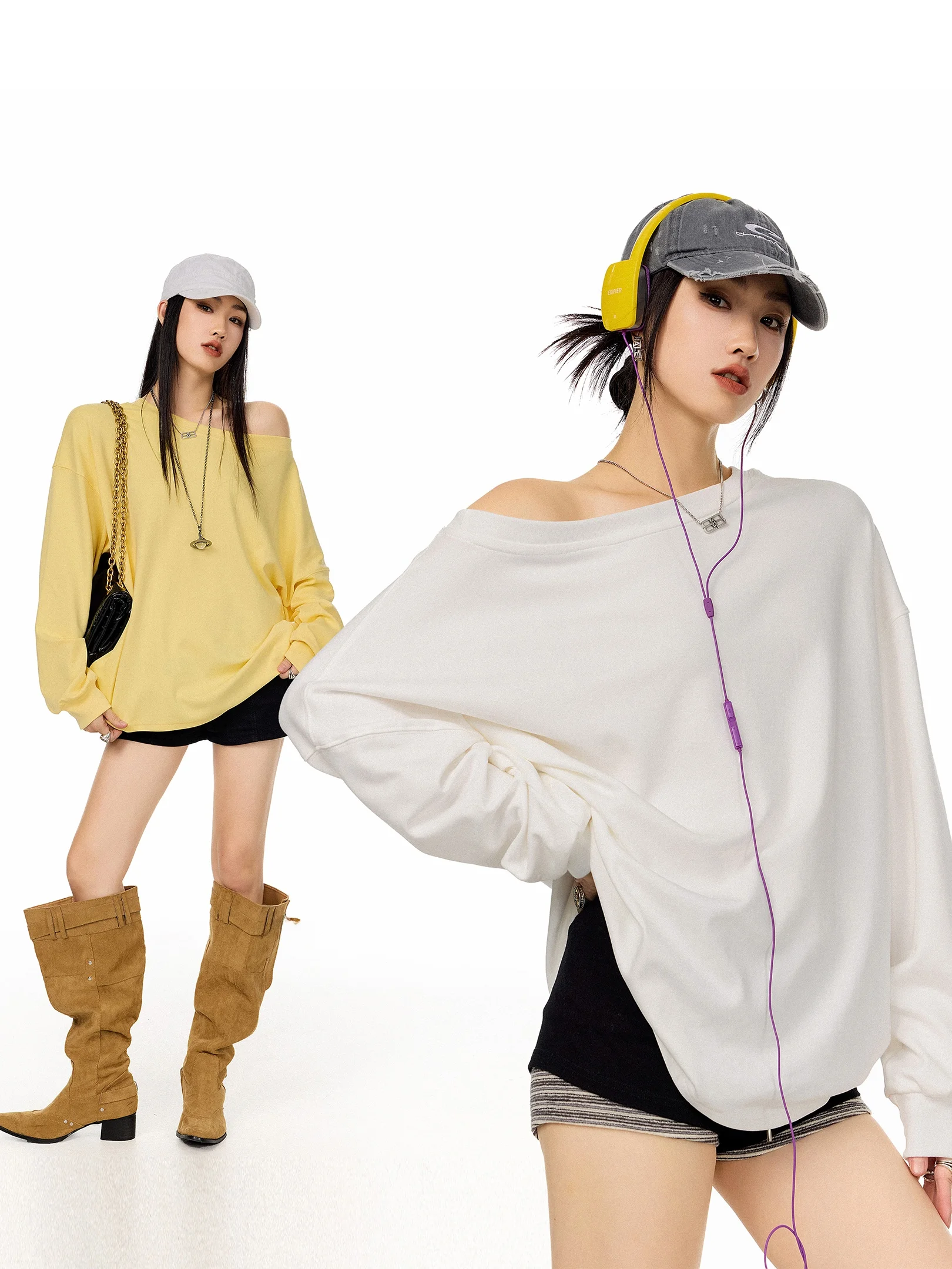 

Ich Mode American Sle Повседневная футболка с объемными плечами, женская свободная длинная футболка с открытыми плечами Sve, весеннее новое поступление