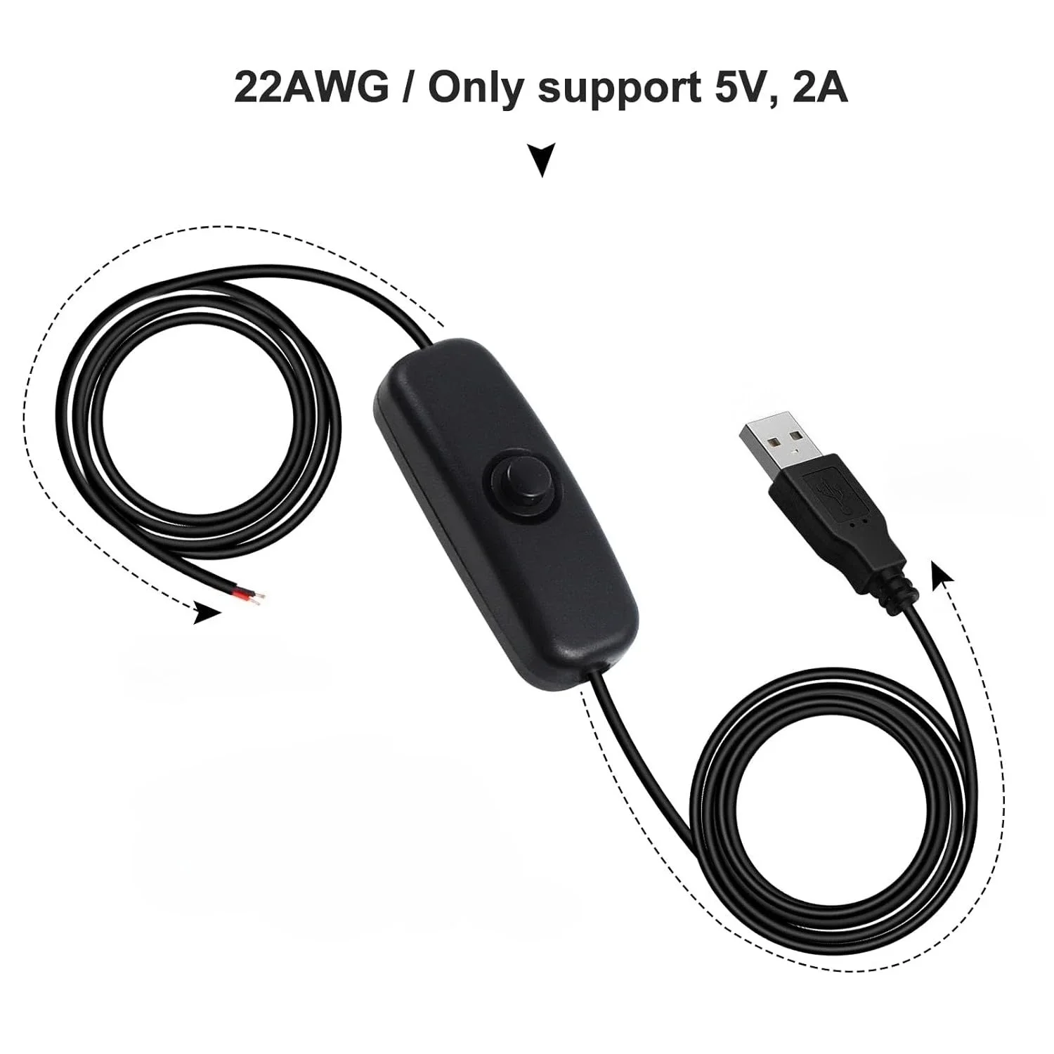 1.5m 5V USB Switch Extension Cable, USB 2.0 A Male Plug and 2 Pin 2 Wire Power Charge Cable Connector DIY for USB Fan Desk Lamp