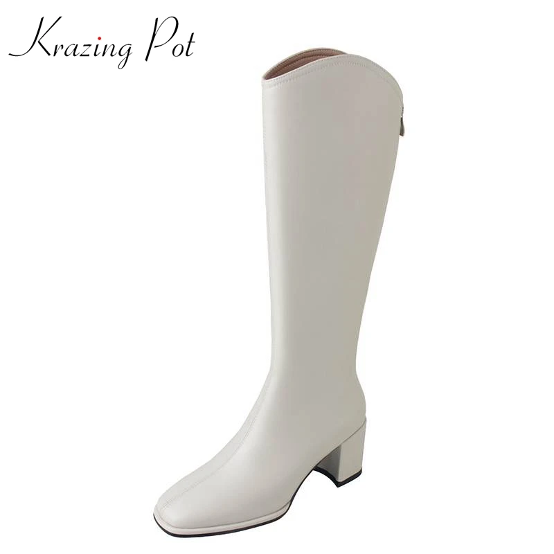 Krazing Pot New Microfiber Round Toe Med Heels Stretch Long Boots Simple Style Platforma Stovepipe Mature Zipper Thigh High Boots