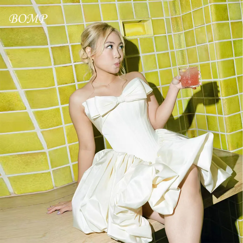 BOMP Vintage Mini robe de soirée de mariage sans bretelles nœud drapé a-ligne ivoire Satin Occasion spéciale courte femme robe de bal personnalisé