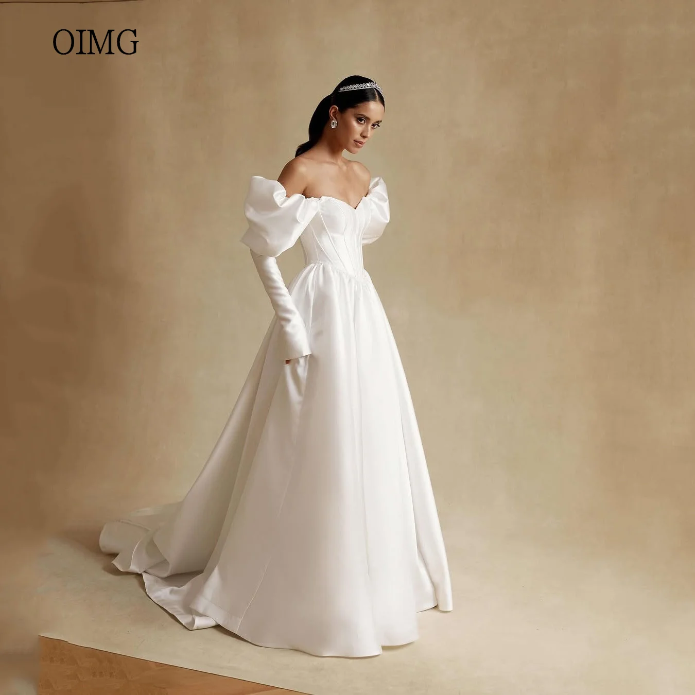 

OIMG Elegant Ivory A Line Wedding Dress Lace Off The Shoulder Bride Dresses Stain Floor Length Wedding Gowns Customized