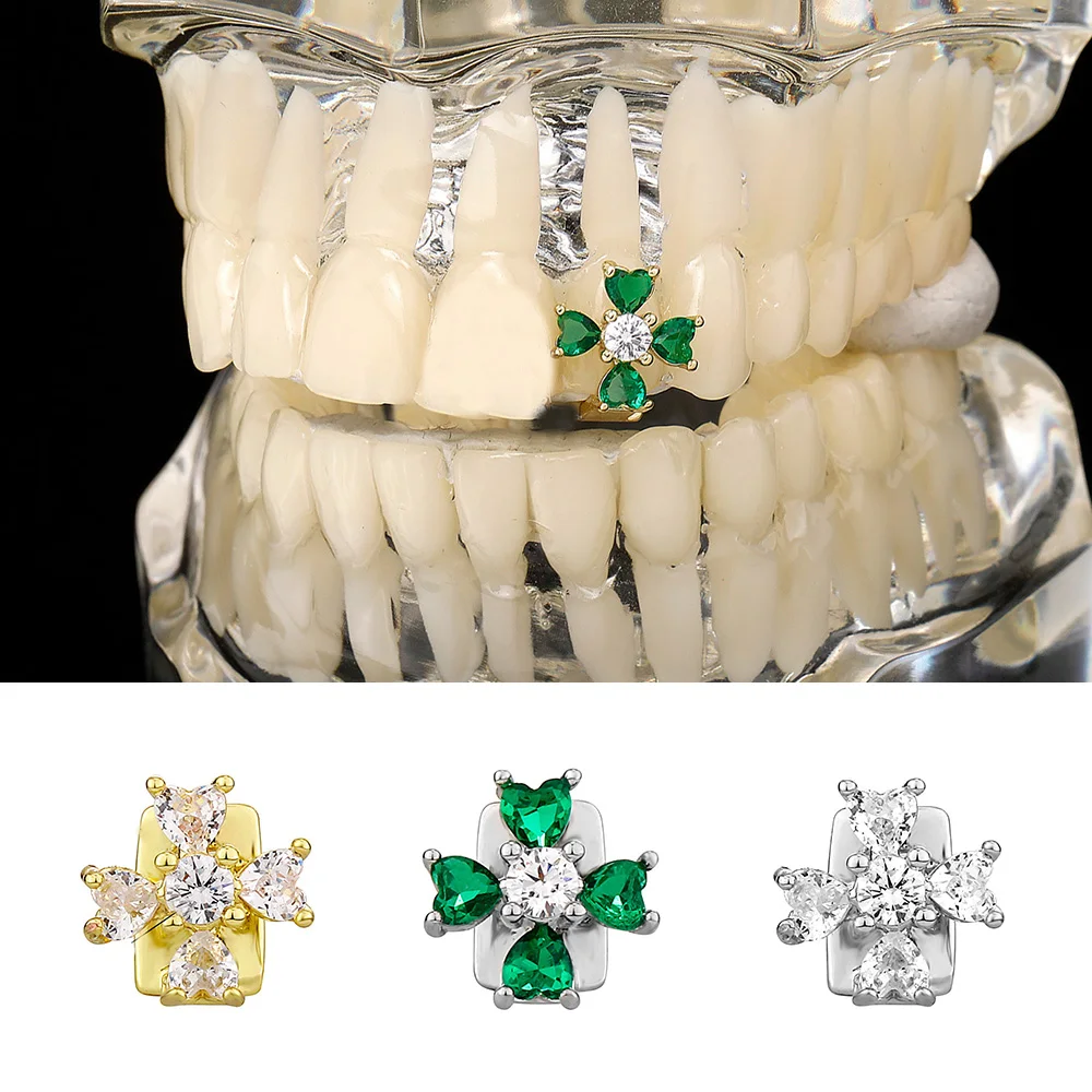 RACHELZ Green Color Zircon Flower Teeth Grillz Braces Fashion CZ Stone Tooth Caps For Women Men Hip Hop Jewelry Dental Grills