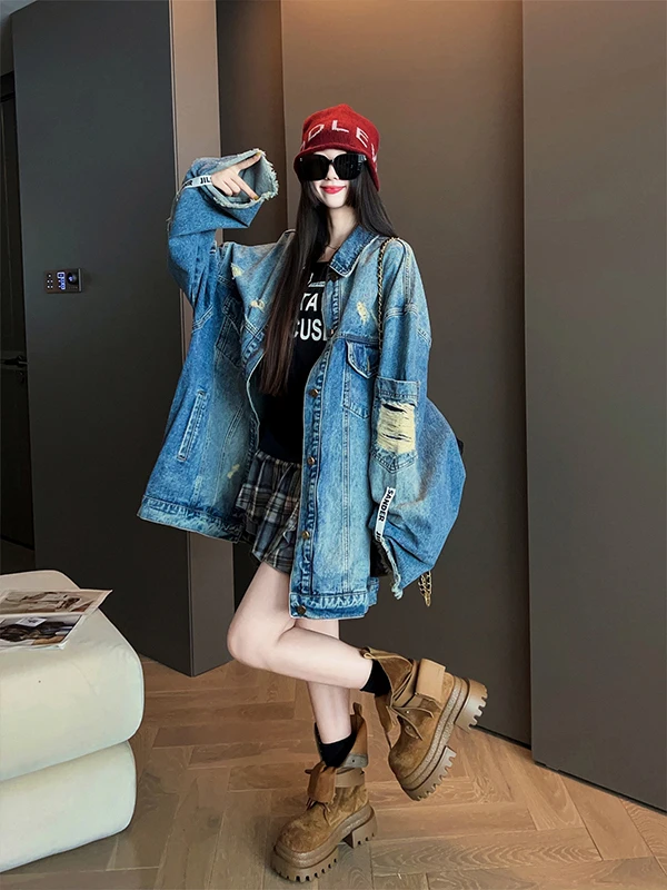 

Large Size 300 Pou Waed Vintage Denim Jaet Men Women Spring Autumn Loose Faion Hole Outerwear Top American Casual