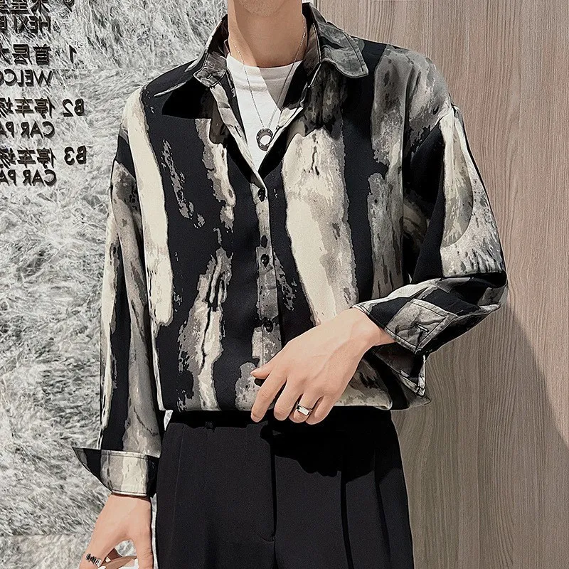 

2025 новые модные мужские повседневные модные деловые элегантные однобортные рубашки с отложным воротником и короткими рукавами, мужские топы с принтом