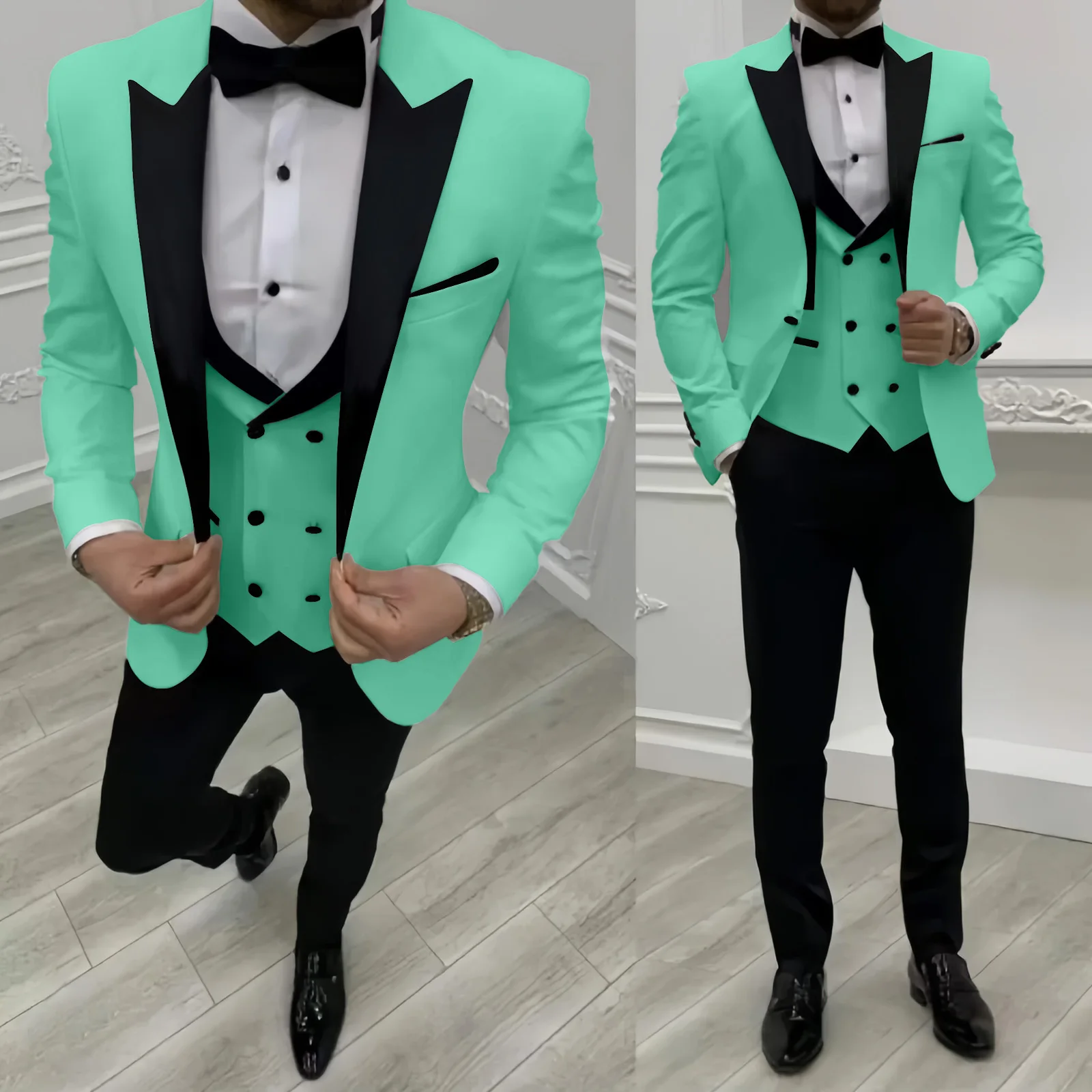 طقم بدلة متعرجة للرجال مكون من 3 قطع مع سترة وسروال عتيقة ذات طية صدر السترة مناسبة لحفلات الزفاف المسائية #2