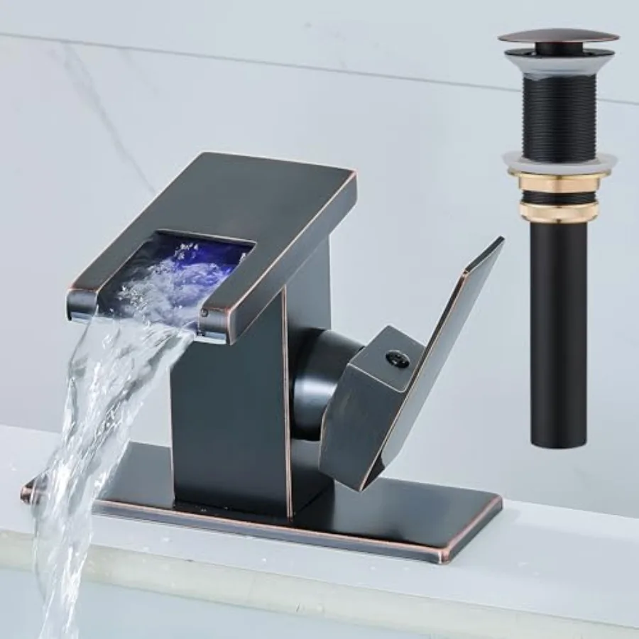 

LED Bathroom Sink Faucet, Waterfall Single Hole Handle Vanity Faucets for Sinks 1 Hole with Metal Pop Up Drain and 2 Water Supp