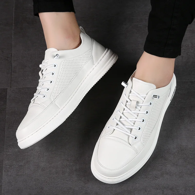 New Shoes for Men Spring Summer Genuine Leather Casual Shoes Designer Microporous White Flat Skateboard Shoes Leisure Sneakers