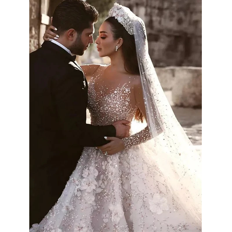 Robe de Mariée Luxueuse à Manches sulfen Dentelle, Tenue de Bal en Tulle avec Fleurs 3D, à la Mode