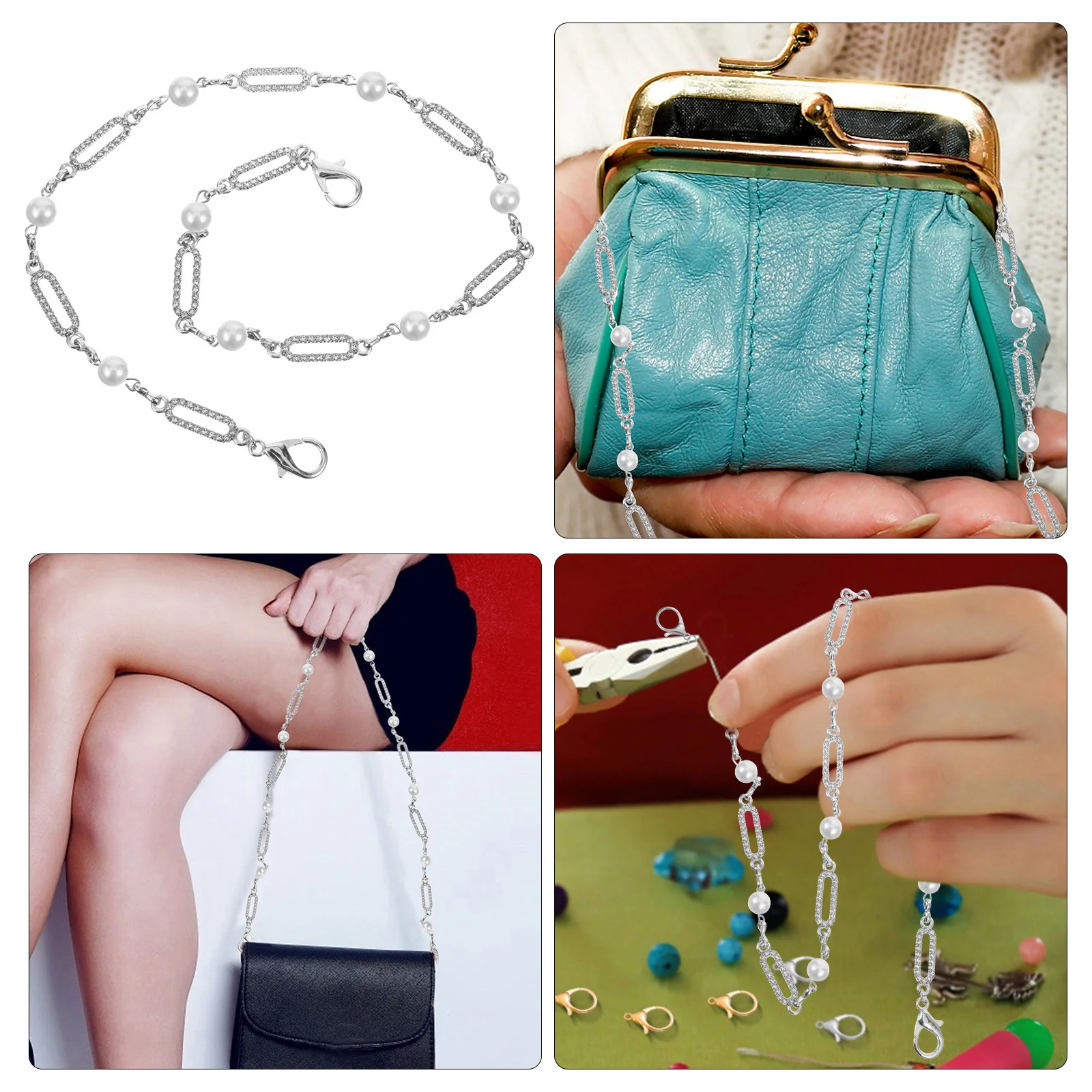 

Pearl Rhinestone Alloy Replacement Handbag Chain Double-End Clasp Stylish Decorative Purse Strap Shoulder Bag Chain Accessory