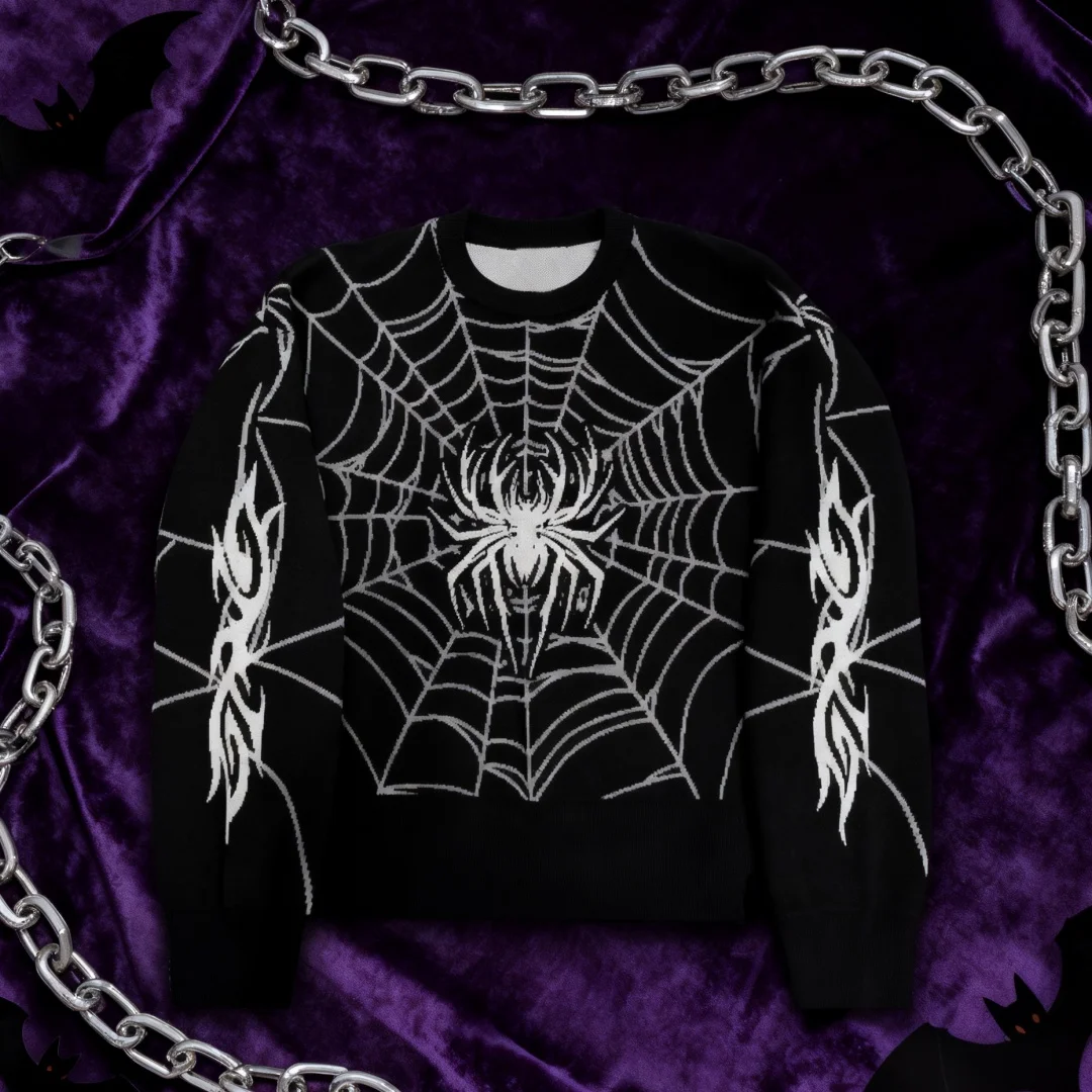 Dark Gothic Y2K Ästhetischer Spinnenmuster Pullover Loose Fit Langarm Strickpullover für Harajuku-Stil