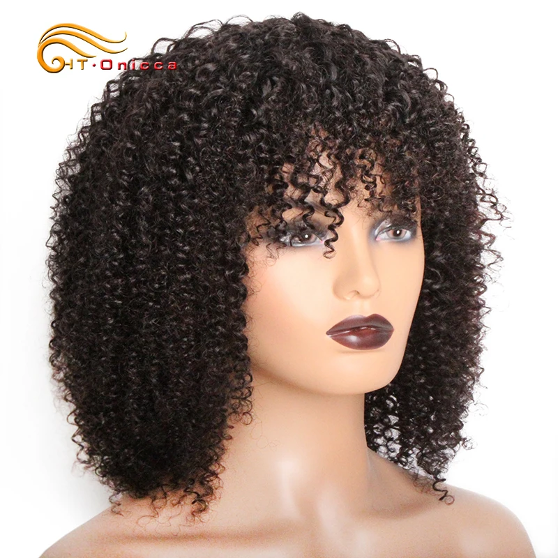 

Short Curly Human Hair Wigs for Black Women Kinky Curly Wig None Lace Front Wig with Bangs Brazilian Remy Human Hair Bob Wigs