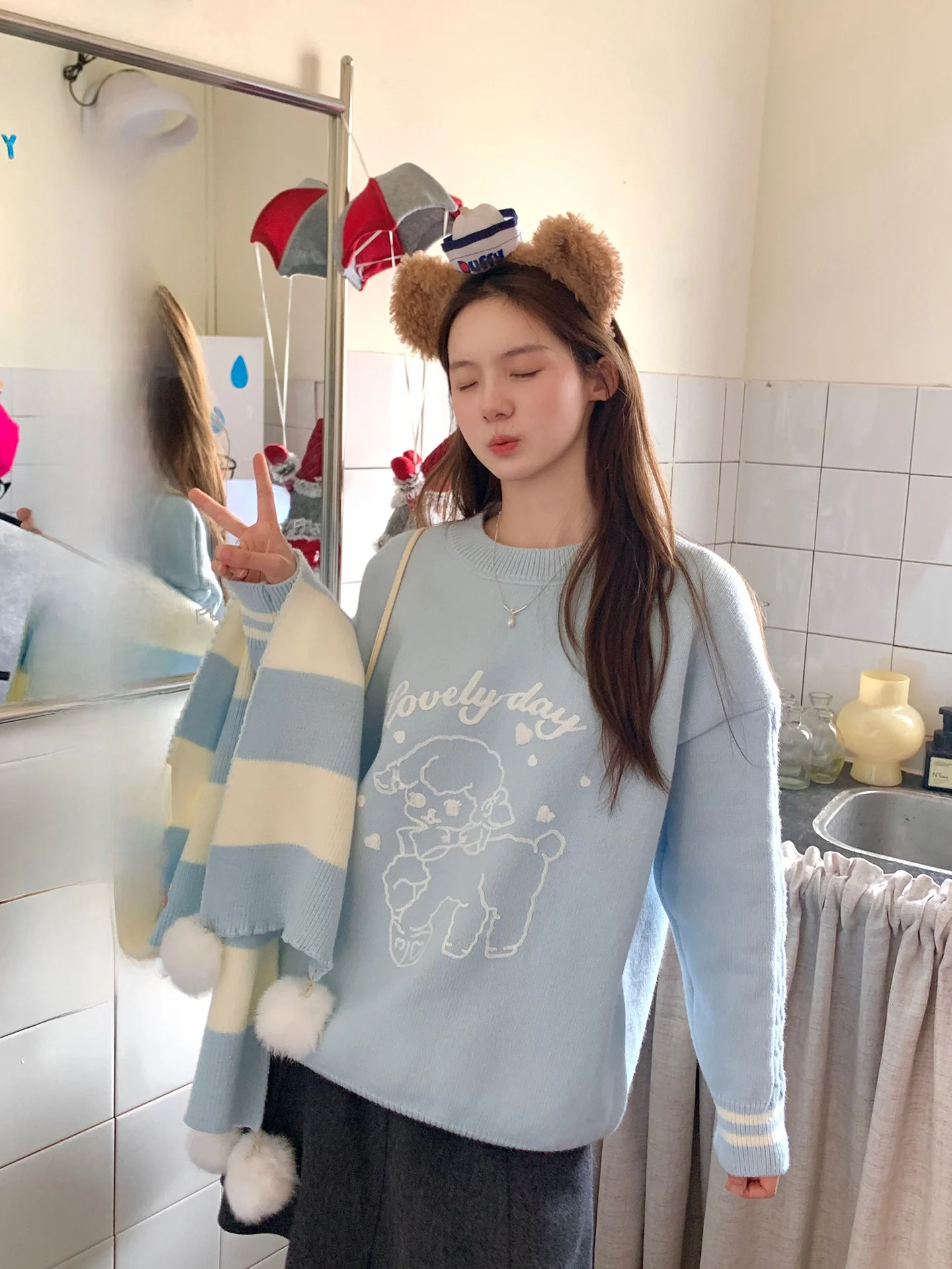 

Blue Lazy Sle Knitted Sweater Women's Loose Sweet Sle Winter Warm Long Sve round Ne Cartoon Decoration Casual Top