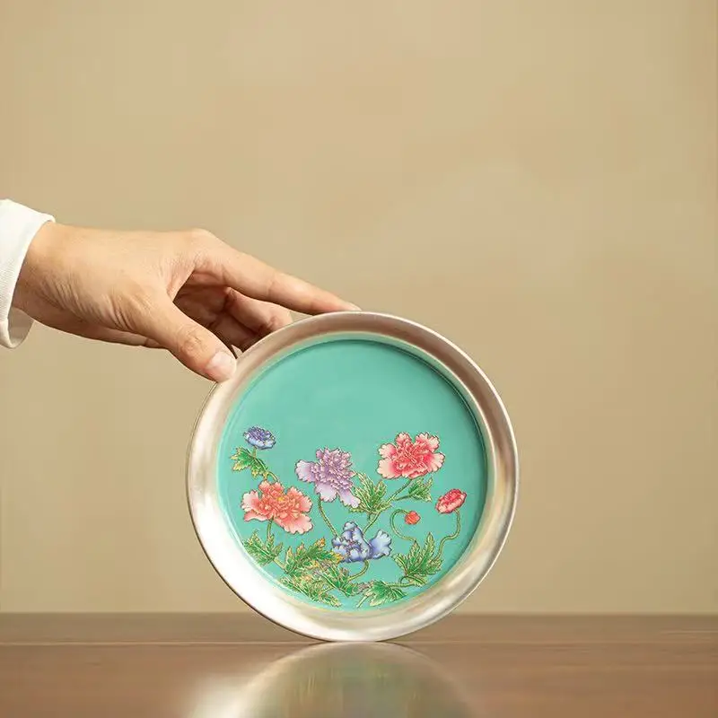 

Handmade Silver Poppy TeaTray Pot Bearing Dim Sum Tray Fruit Tray Teacup Holder Teaware Support Gifts for Elders Room Ornaments