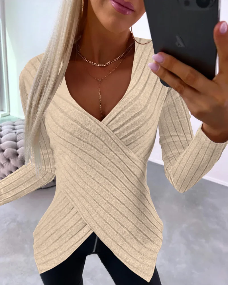 Women Fashion Solid Color V-Neck Overlap Asymmetrical Casual Long Sleeve Top