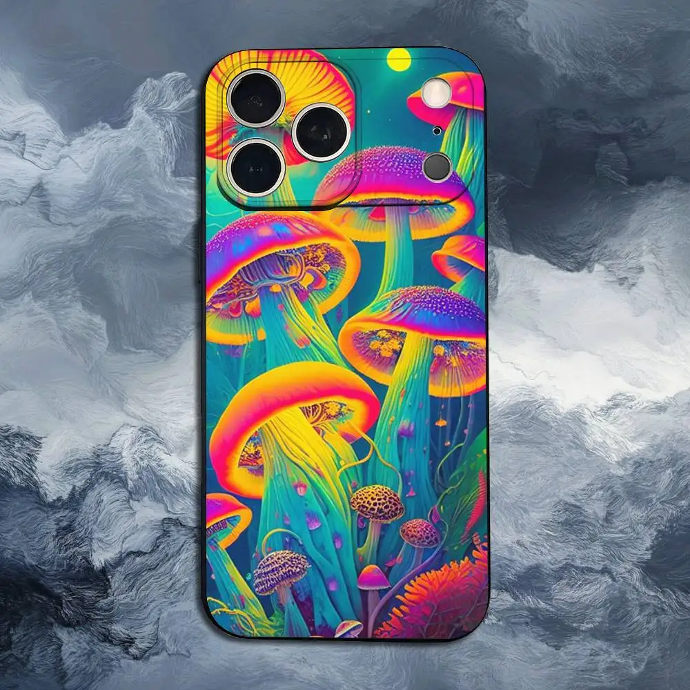 Cogumelo trippy de planta estranho para iPhone 8,7,11,12,15,14,13,16,17,Plus,Pro Max, XS, X, XR, SE, Mini, capa preta de silicone macio