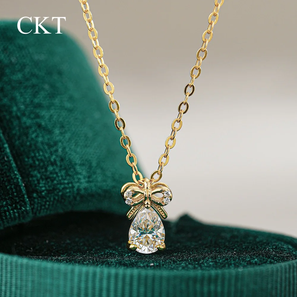 

CKT Luxury Bow Drop Pendant for Women 14K Gold Full of 0.8ct Diamond Moissanite Necklace Wedding Fine Jewelry