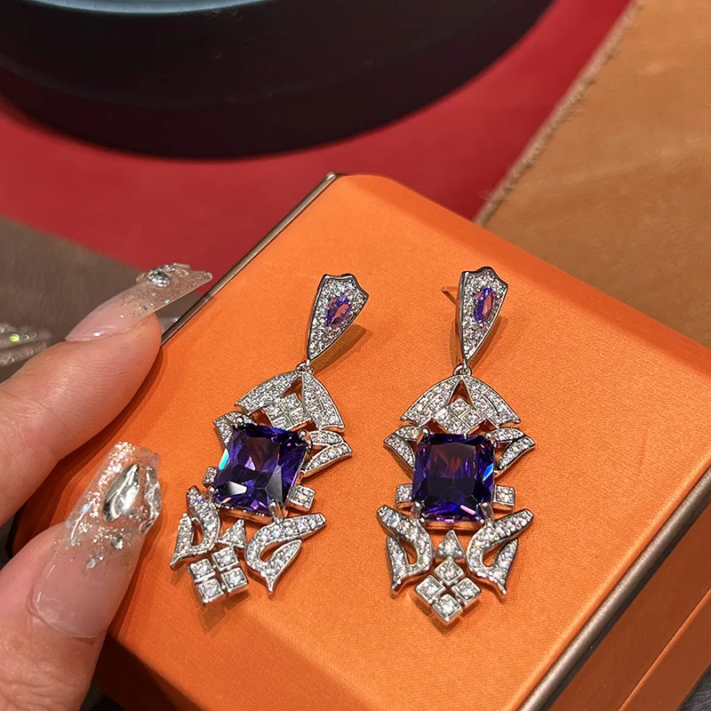 

2023 Women Pattern Purple Diamond Retro Exaggerated Fashion Jewel Earrings