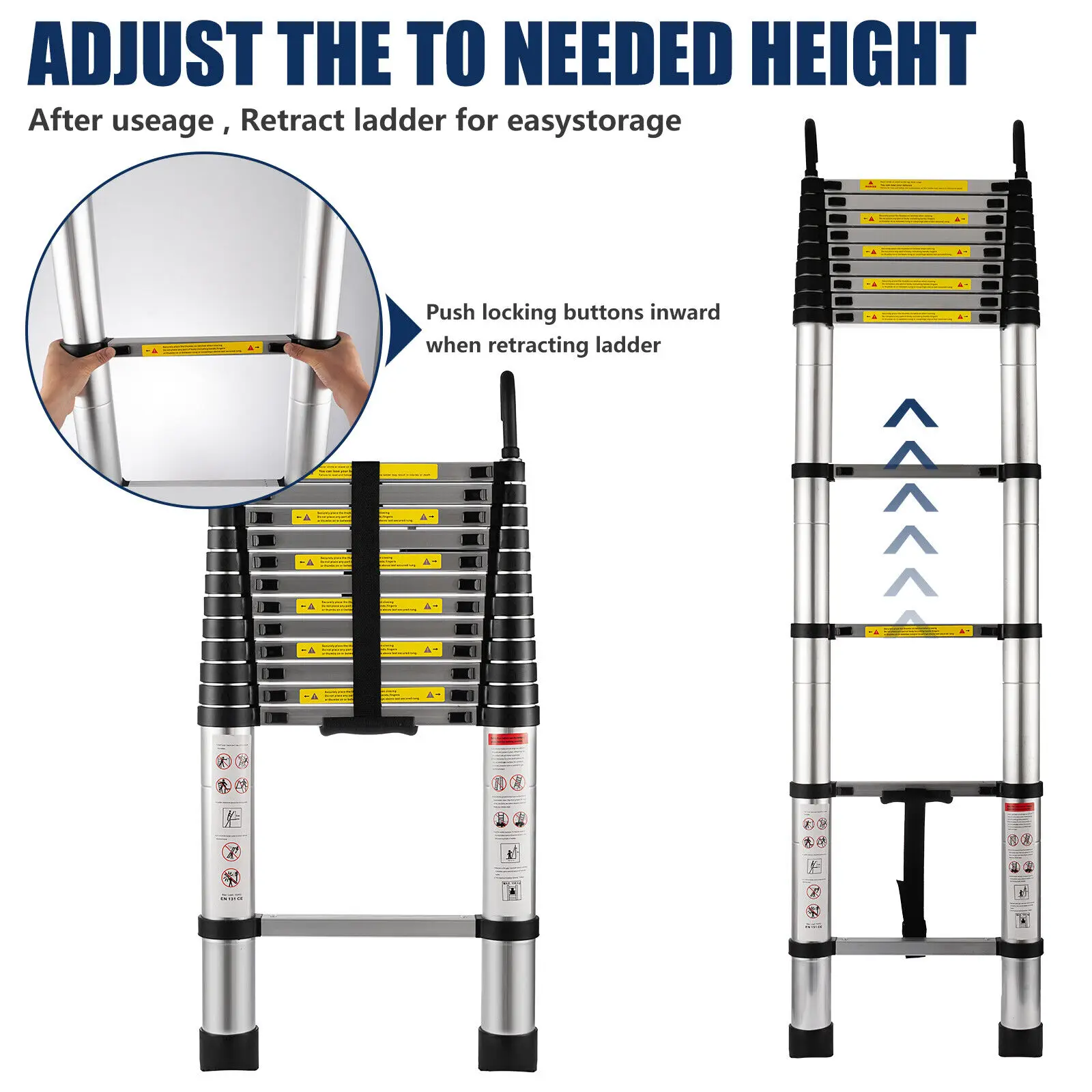 Escalera telescópica con ganchos para el hogar, escalera telescópica de aluminio de 12,5 pies con un botón de retracción, extensión plegable