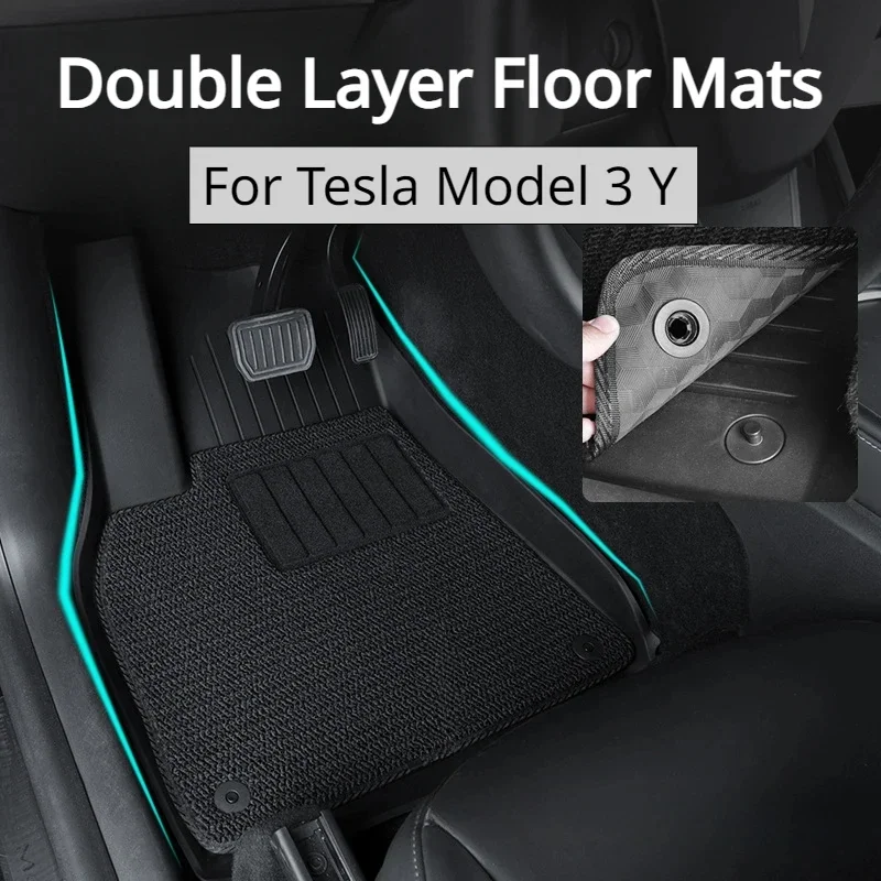 6PCS Floor Mats for Tesla Model 3 Y Double Layer 3D TPE Menis Carpet Velvet Waterproof Washable Two Layers Car Floor Pads Modely