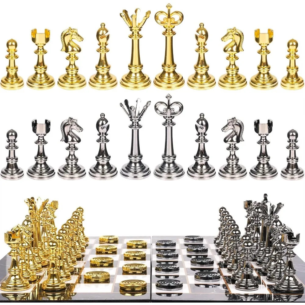 

Metal Chess Set and Checkers Game Set 15 Inch Board Games for Adults Kids Metal Chess Pieces & Portable Folding Wooden Chess