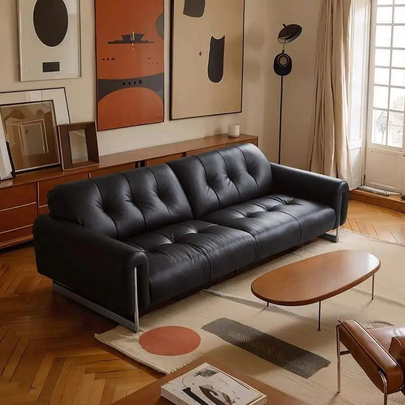أريكة TTItalian من جلد البقر من الطبقة الأولى أريكة بقرة سوداء كبيرة لغرفة المعيشة شقة صغيرة خفيفة فاخرة أريكة صف مستقيم #3